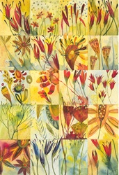 Watercolor painting of plant details in grid pattern