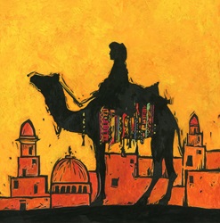 Silhouette of camel and rider against Middle Eastern cityscape