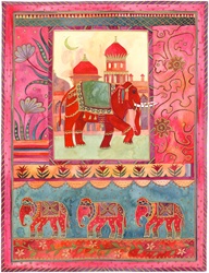 Elephants, architecture and floral pattern