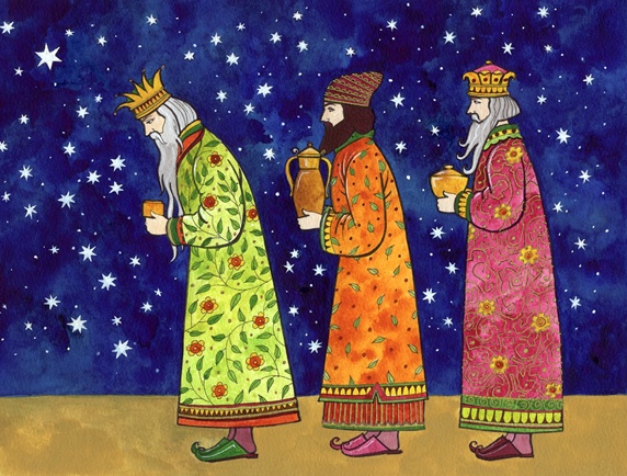 Three kings carrying gifts, stars in sky