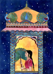 Indian woman in window, peacocks on roof
