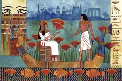Egyptian fresco with boat and man and woman
