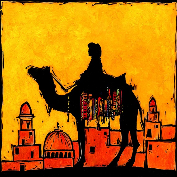 Silhouette of person on camel against city