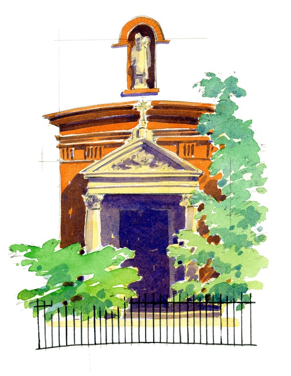 Entrance to church with statue above