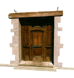 Old wooden door against white