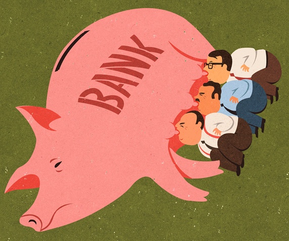 Greedy businessmen feeding off piggy bank