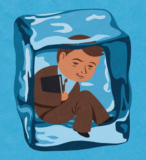 Businessman frozen inside of ice cube