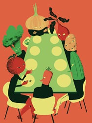 Anthropomorphic vegetables sitting at table