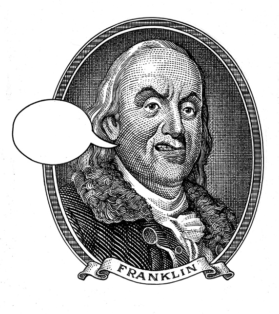 Portrait of Benjamin Franklin with speech bubble
