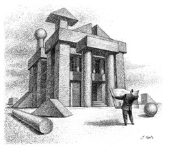 Modern building and man holding blueprints