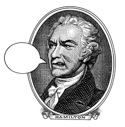 Portrait of Alexander Hamilton with speech bubble