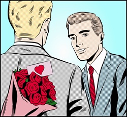 Gay man with bouquet of roses for his boyfriend