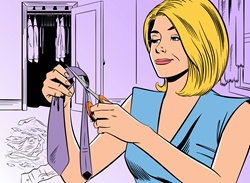 Woman cutting up man's clothes from wardrobe