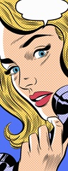 Close up of frightened woman with speech bubble on the telephone