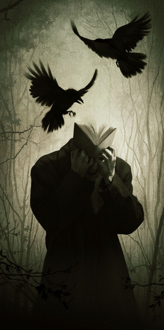 Man with head made of book and crows attacking him