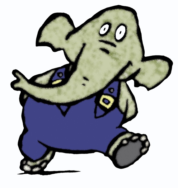 Elephant in overalls on white