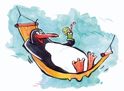 Penguin relaxing in hammock