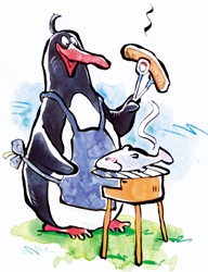 Penguin having fun at barbecue