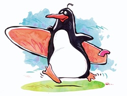 Penguin running with surfboard