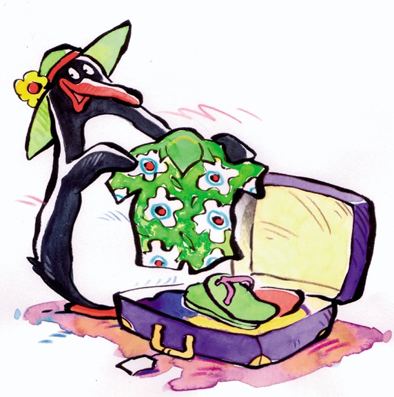 Penguin packing suitcase before going on holidays