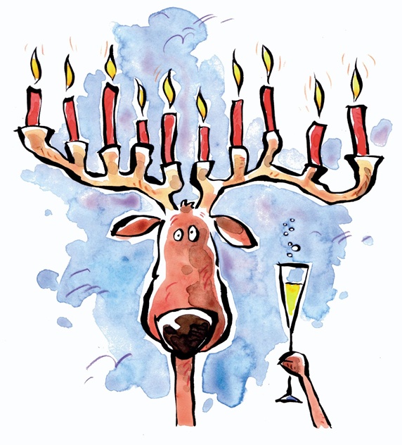 Reindeer holding wineglass and candles