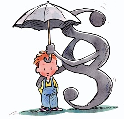 Boy with paragraph sign under umbrella