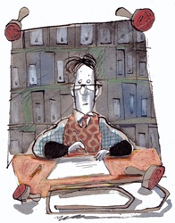 Man sitting at desk, writing document