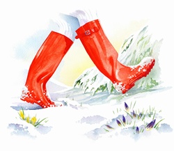 Red wellingtons walking though snow