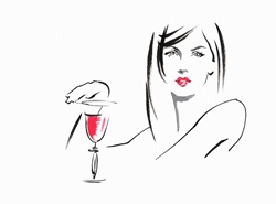Sketch of beautiful woman with glass of wine