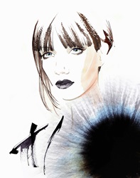 Fashion illustration of model with asymmetric haircut and top