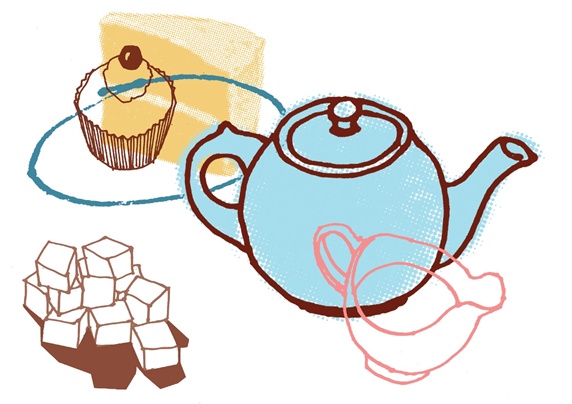 Kettle, creamer and cupcake