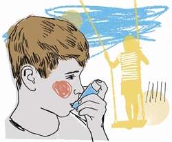 Boy using asthma inhaler in playground