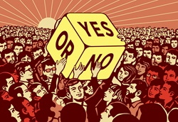 Crowd of people passing large dice with yes or no choice