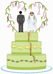 Angry bride and groom on top of split wedding cake