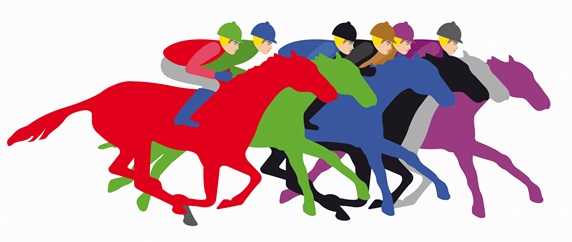 Multicoloured horses and jockeys in horse race