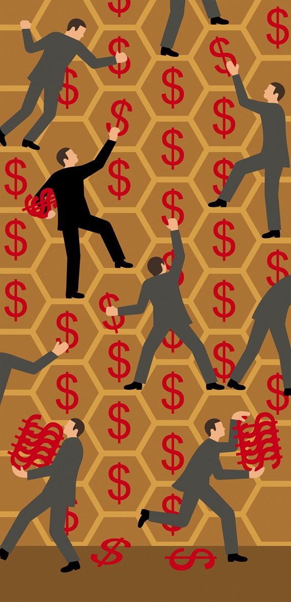 Businessmen gathering dollar signs from honeycomb