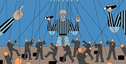 Lots of small businessmen controlling large referee puppets