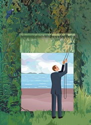 Businessman opening blind revealing window to tranquil beach in dense forest