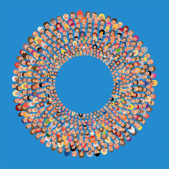 Lots of people's faces in concentric circles