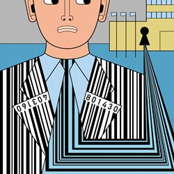 Building collecting barcode data from anxious man