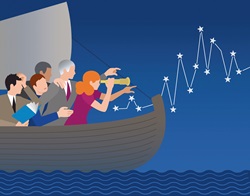 Business people lost at sea finding the way forward