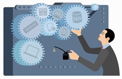 Businessman oiling the cogs of computer data connections