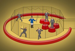 Businessmen escaping from cage ignoring circus ringmaster