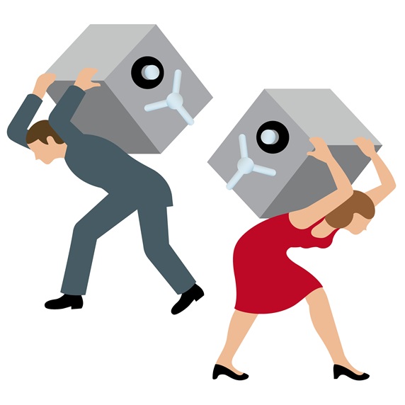 Man and woman carrying safes on their back