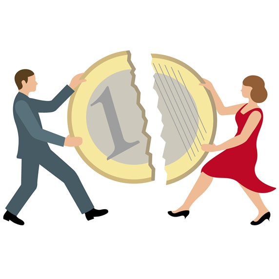 Man and woman sharing one euro coin