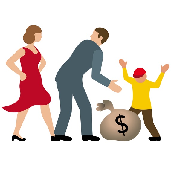 Man, woman and boy with sack of dollars