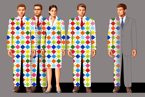 Group of business people wearing colorful checked suits
