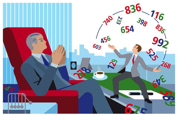 Businessman juggling with colorful numbers on manager's desk