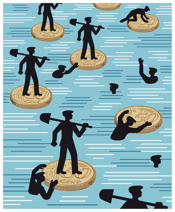 Silhouettes of workers with shovels floating on water on fifty Euro cents coins