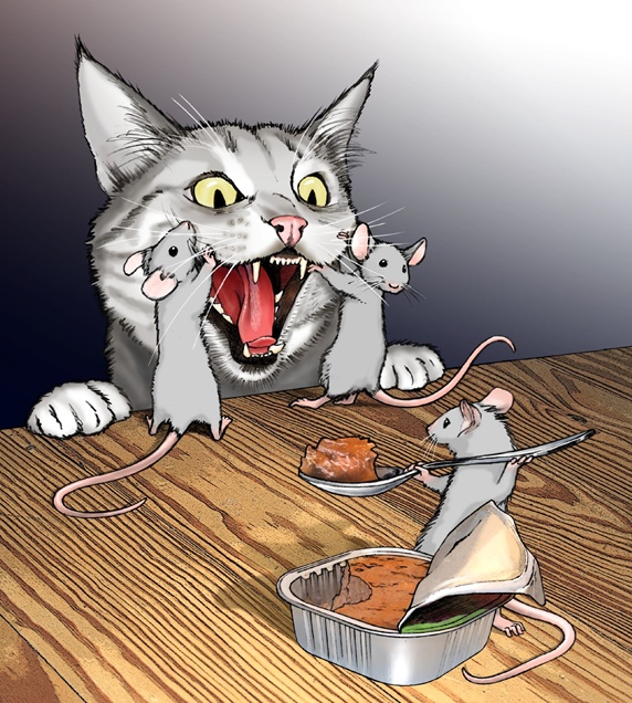 Mice feeding cat